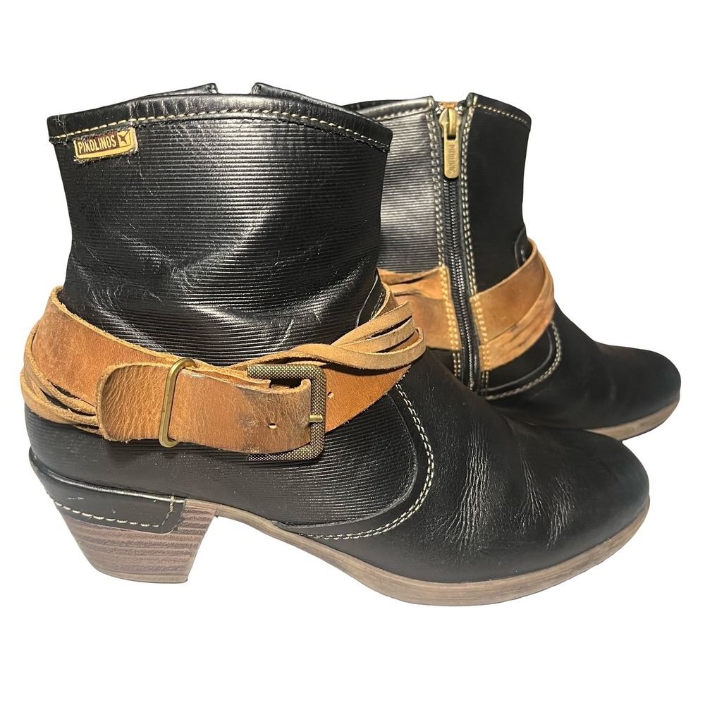 Pikolinos Womens Rotterdam Black Leather Ankle Boots Buckle Strap 39 8.5-9